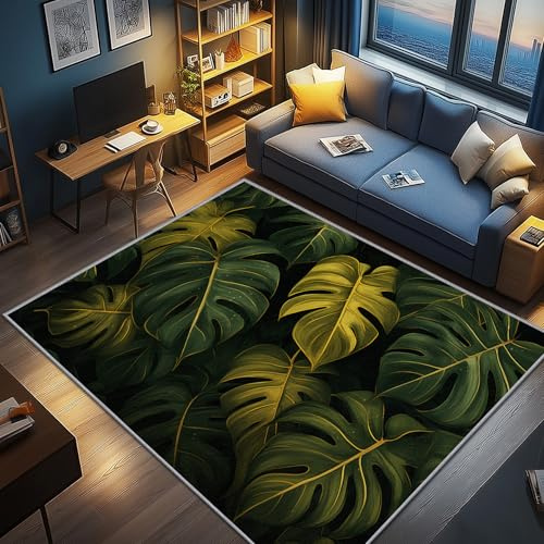 AevuCub Monstera Deko, Tropische Blatter Teppich 80x150 Kurzflor, Kleiner Teppich Wohnzimmer Dunkelgrün, Weich rutschfest Waschbare Teppiche, Bettvorleger Schlafzimmer Kinderzimmer