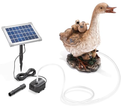 Esotec Solar Wasserspeier Set Gans mit Küken Solarbrunnen Garten 101669 | 5Wp Solarmodul, 250l/h Pumpe, Polyresin Gans mit Küken, IP68, Trockenlaufschutz, Durchflussregler, 5m Kabel, 1,5m Schlauch