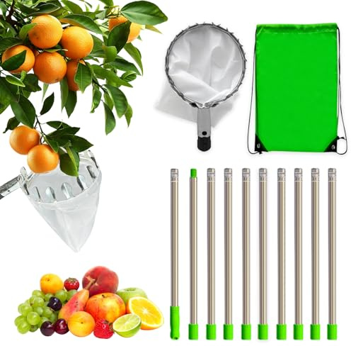 Vlecexs 4m Recoge Frutas Telescopico, Recogedor de Frutas Acero Inoxidable Ligero y Bolsa de Tela, Recogedor Recolector de Frutas para Manzanas Naranjas Cerezas Ciruelas Mango Cítricos Fruit Picker