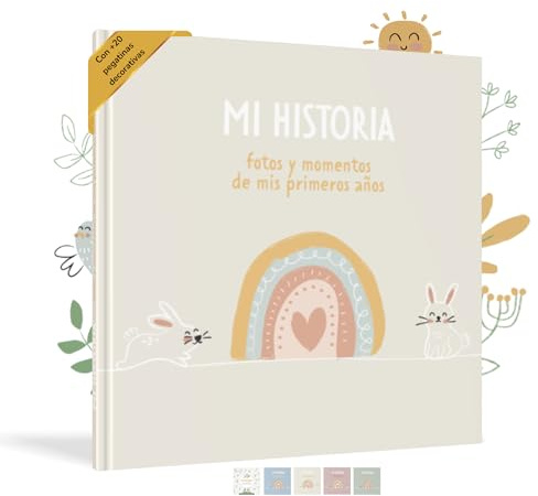 HuBorns - Babyalbum Erstes Jahr bis 5 zum Einkleben von Fotos, Fotoalbum Kinder +50 Seiten und Stickern, Originelles Erinnerungsbuch Baby, Fotoalbum Baby für Babyparty Geschenk