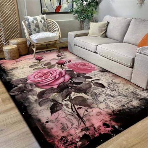 Kuluoits Rosenblüten Teppich, 120x180cm Rosa-Grauer Teppich Blättermotiv für EIN Romantisches Mädchenzimmer, Stilvoller und Schöner Rutschfester Teppiche für Wohnzimmer Eingangsbereich, Flur