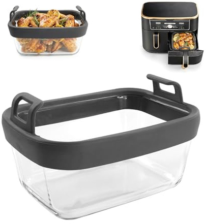 Air Fryer Glass Baking Dish for Ninja AF400UK, AF451UK, 20x14cm,1 Pack | Reusable and Resistant Airfryers Liners, Detachable Silicone Handles for Ninja and Other Models - BPA-free & Dishwasher-safe