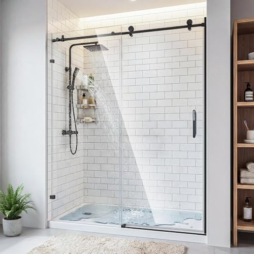 CAMMOO 56-60 W x 75 H Frameless Shower Door, Magnetic Sliding Glass Shower Door, 5/16(8mm) Thick Tempered Glass, Leak-Proof Seals, Stainless Steel Hardware, Easy-Clean Nano Coating, Matte Black