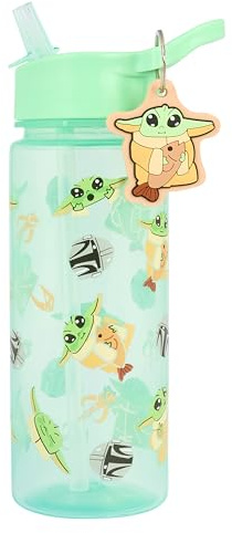 Star Wars Mando & Grogu Water Bottle with Straw, Green, 500ml Polypropylene, Includes Grogu Charm Keyring