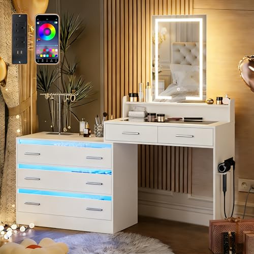 Schminktisch mit LED Beleuchtung und Spiegel, moderner Kosmetiktisch mit Glasplatte & 5 Schubladen, RGB Beleuchtung per App steuerbar, Frisiertisch inklusive Fönhalter, 2 Steckdosen und USB, Weiß