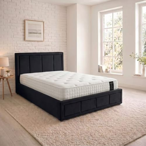 SANA SLEEP Ottoman Bed with Mattress - Fabric Storage Upholstered King Size Bed - Gas Lift Bed Base in Small Double King Super King Size - (5FT Plush Black)