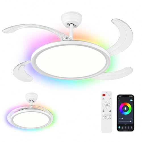 IEGLED 105cm Ventilatore da soffitto con luce LED, pale retrattili diametro, lampadario con ventilatore 64W, motore DC silenzioso, retroilluminazione RGB, telecomando & controllo tramite APP
