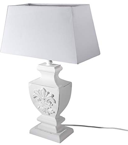 DRULINE Vintage Tischlampe im Landhausstil, Shabby Chic Nachttischleuchte mit weißem Holzfuß und Lampenschirm, 1 x E27, Maße 37 x 53 x 17 cm – Ideal für Nostalgie- und Dekorliebhaber