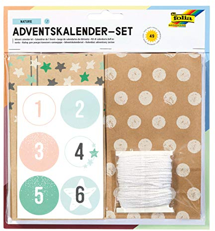 folia 9396 - Adventskalender Set Nature, mit 24 lebensmittelechten Papiertüten je 10 x 17,5 x 5,5 cm groß, 7 m Kordel und Zahlensticker