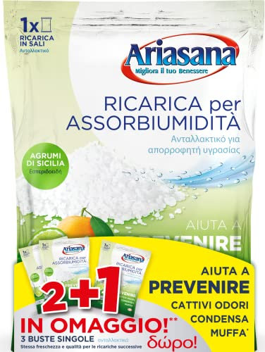 Ariasana Ricarica in Sali Assorbiumidità Fragranza Agrumi Formato Convenienza di 2 Buste da 450 Grammi + 1 Busta da 450 Grammi in Omaggio Assorbono Efficacemente l'Eccesso di Umidità