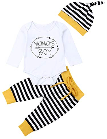 Geagodelia 3tlg Babykleidung Set Baby Jungen Langarm Body + Hose + Mütze Kleinkinder Neugeborene Weiche Warme Baumwolle Babyset Bekleidung (0-3 Monate, Mama's Boy (Weiß + Schwarz Streifen))