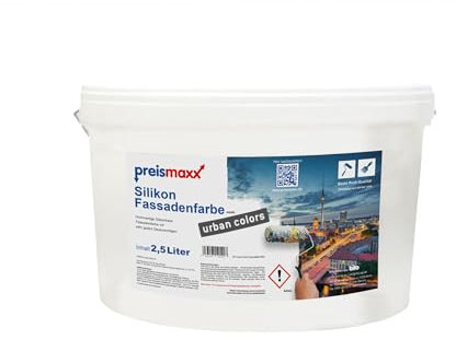 Preismaxx Silikonharz Fassadenfarbe, Champagner Gelb 2,5L hochwertige, matte, wasserabweisende Aussen-Dispersion, sehr guter Regenschutz - Abperleffekt