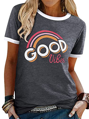 WIEIYM Damen Good Vibes T-Shirt Kurzarm Rundhals Regenbogen T Shirts Sommer Oberteil Frauen Lässig Bluse Sport Tops(Dunkelgrau,M)