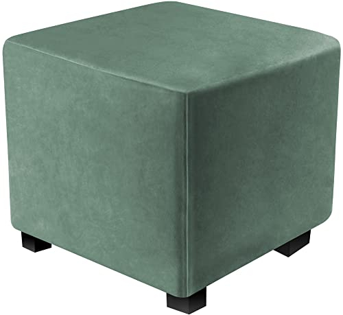 DUJUIKE Housse Ottomane Housses de Pouf Extensible Rectangulaire, Housse de Repose-Pieds Protecteur de Meubles Velours avec Fond élastique（L&W: 33–46 cm, H: 38–46 cm，Vert cyprès）