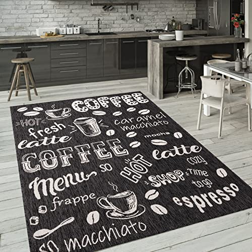 Paco Home Outdoor Teppich Wetterfest Wohnzimmer Balkon Küchenteppich Modernes Muster Mit Schriftzug, Grösse:160x220 cm, Farbe:Anthrazit 3