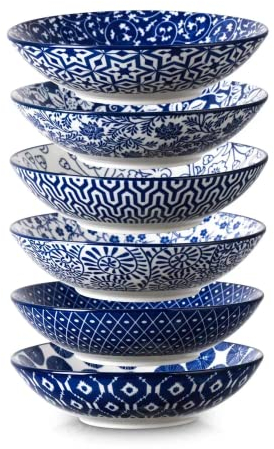 Selamica Ceramic 30oz Large Pasta Salad Bowls 8 Inch Wide and Shallow Soup Bowls, Stackable, Microwave and Oven Safe, Set Of 6, Vintage Blue