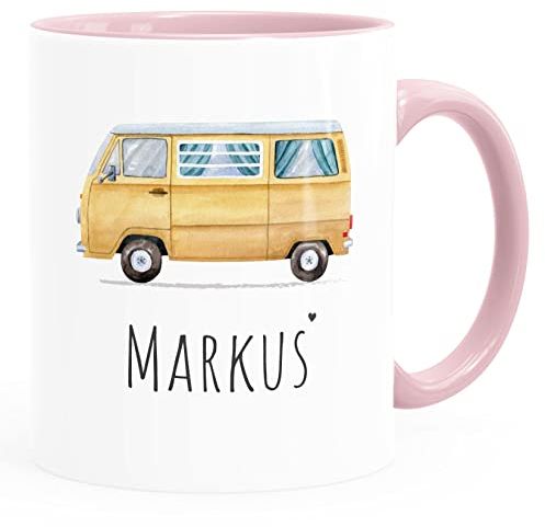 SpecialMe® Namenstasse Camping Bus Camper personalisierte Kaffee-Tasse mit Namen persönliche Geschenke weiss-innen-rosa standard