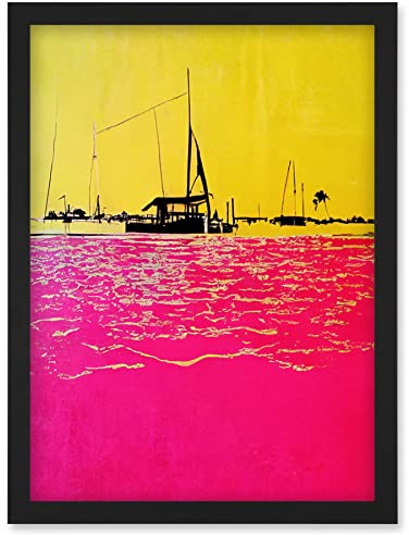 Wee Blue Coo Modern Abstract Seaside Port With Colour Blocking Yellow and Hot Pink Artwork Framed Wall Art Print A4