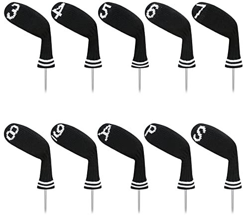 LeFeng 10pcs Knitted Golf Iron Head Covers 3-9/A/P/S Set - Lightweight and Durable Material - Multiple Patterns Golf Club Head Covers - Fit Well for Callaway Ping Taylormade Cobra Etc.(Black)