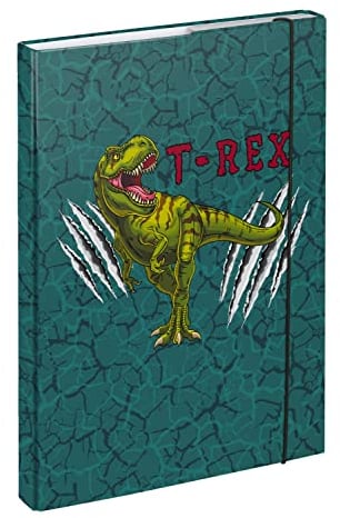 Baagl Heftbox für Schulranzen A4 - Sammelmappe für Kinder mit Gummiband und Innenklappen - Heftmappe, Sammelbox mit Gummizug für Jungen (T-REX)