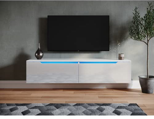 SONNI TV Schrank Weiß, TV Board Hochglanz, Fernsehtisch hängend, mit LED-Beleuchtung 12 Farben, Zwei Montagemöglichkeiten, wandhängend oder bodenstehend, TV-Regal, 140x35x30cm, GTV009W-4.