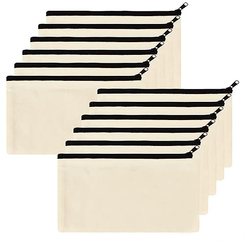12 Piezas Bolsas Maquillaje Lona de Algodón con Cremallera, 21x12cm Bolsa Estuche de Lápices Multiusos, Neceser Tela Cremallera para Cosmé Tico Viaje, Organizador Papelería Bolsa Monedero