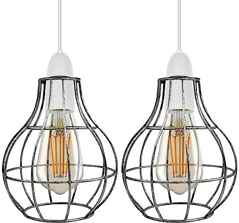 LEDSone Vintage Metal Lamp Shade Retro Geometric Industrial Wire Cage Lampshade Light Guard Cage (Brushed Silver, 2 Pack) (WCVCBM)