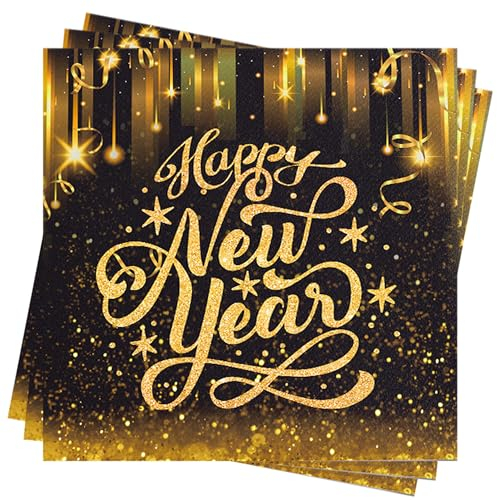 AFYHH Servietten Silvester Tischdeko 40Stück Happy New Year Papierservietten Silvester Deko 33X33cm Schwarz Gold Servietten für Neujahr Party Dekoration