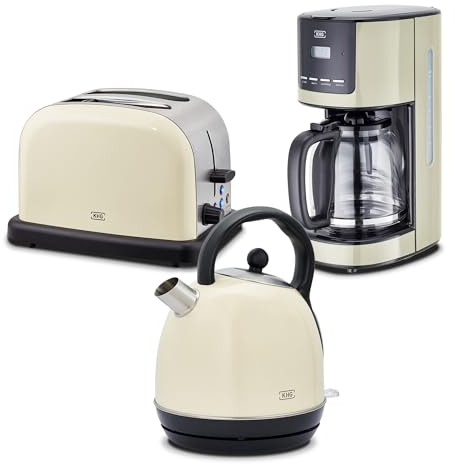 KHG Frühstücksset 3-teilig Kessel-Wasserkocher, Toaster & Kaffeemaschine, Creme Beige Retro American Diner, Kapazität 1,7 L, 2 Toastscheiben, 12 Tassen Kaffee, Kalkfilter, 6 Röststufen, LCD-Display