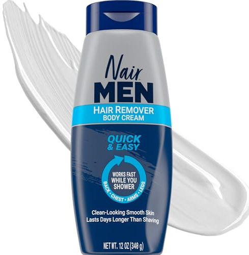 Nair Men Hair Remover Body Cream, Quick and Easy Body Hair Removal Cream for Men, Aloe and Lanolin, Dermatologist Tested, 12 Oz