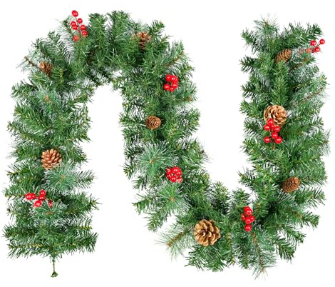 270 cm 9ft Weihnachtsgirlanden mit Schneeflocken Dekoration, 240 Spitzen Kiefer Blatt, 12 Tannenzapfen, 12 Roten Beeren, Künstliche Grün Rattankränze, Weihnachtsdekorationn Hängetreppe Fenster Wand