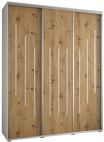 MEBLE KRYSPOL Davos 8 200 Schrank mit DREI Schiebetüren für Schlafzimmer - Moderner Aufbewahrungsschrank mit Kleiderstange und Regalen - 235,2x200x60 cm - Weiß Artisan Silber