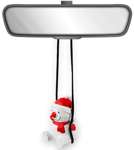 100% handgefertigte hölzerne Schwung Schneemann Auto Hanges Ornament - süße handgeschnitzte bemalte Holz Schneemann Figur Auto Spiegel Hängende Zubehör Dekor Geschenke