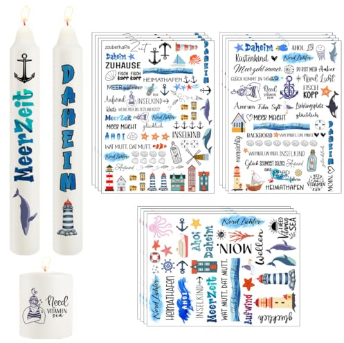 Yezirzax 12 PCS Kerzentattoos (400+ Muster) Wassertransferdruck Sticker |Wasserschiebefolie | Kerzenfolie | Kerzensticker Dekorieren | DIY Geschenk Kerzendekoration, Kerzentattoos Dekorieren (Ozean)