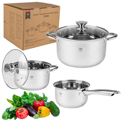 KARL HAUSMANN Topfset Induktion Edelstahl 3-Teilig - Kochtöpfe für Alle Herdarten - Kochtopf Set mit Glasdeckel - Töpfe mit Messskala - Topf Set - Kochtopfset - Topfsets - Pots - Induktionstöpfe