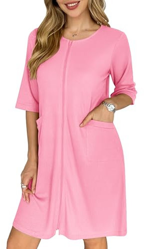Ekouaer Kurzer Waffel-Bademantel mit Reißverschluss, leicht, knielang, Hausmantel mit Taschen, Nachthemd, Größe S-3XL, Pink, Medium