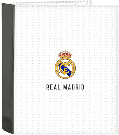 REAL MADRID 1. AUSSTATTUNG 24/25 - Folder mit 4 Ringen, ideal für Kinder aller Altersgruppen, bequem und vielseitig, Qualität und Ausdauer, 27 x 6 x 33 cm, weiß/grau