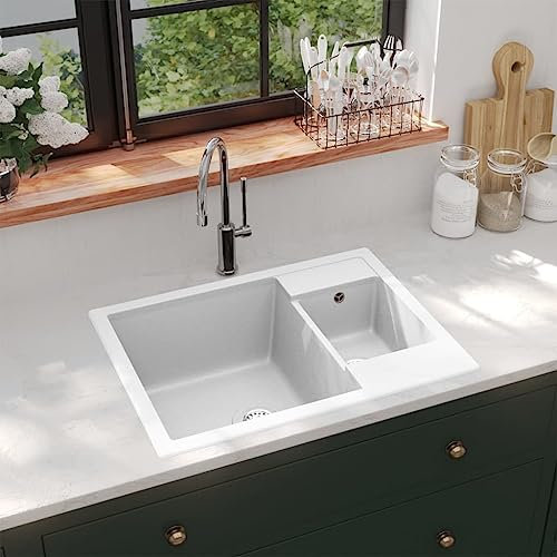 Home Outdoor Otros- Fregadero de cocina con orificio de desbordamiento, doble lavabo, granito blanco
