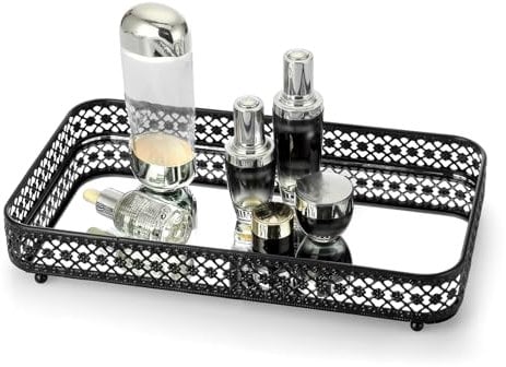 ELLDOO Perfume Tray Mirror Tray Black Vanity Makeup Hollow-Carved Jewelry Tray Glass Metal Trinket Storage Tray Home Decor Organizer Tray for for Dresser Bathroom Countertop,Large Size 13.8 x 7.9inch