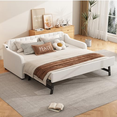 Merax Polsterbett 90x200cm mit Ausziehbett, Erweiterbares Tagesbett mit USB-Anschluss, Doppelbett Bettgestell mit Lattenrost, Schlafsofa Gästebett Jugendbett, Leinenmaterial, ohne Matratze, Beige