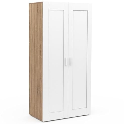 IDMarket - Armario de 2 puertas blanco y madera de 80 cm con estantes, capacidad máxima