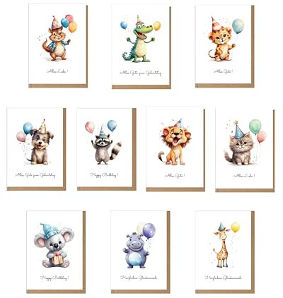 DwieDeko® Geburtstagskarten Set für Kinder inkl. Umschläge – Süße Geburtstagskarte mit Tiere zum 1. Geburtstag für Junge u. Mädchen | Glückwunschkarten Kindermotive - niedliche Karten