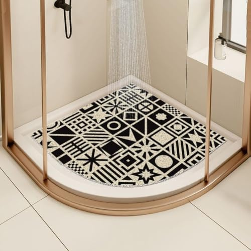 Tapis de douche d'angle en luffa antidérapant et anti-moisissure pour salle de bain avec drain (noir, 90 x 90 cm)