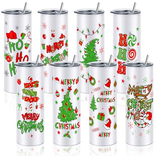 Sliner 8 PCS Christmas Tumbler with Lid Straw and Brush Stainless Steel Christmas Mug Xmas Funny Tumbler Double Insulated Coffee Cup Travel Mug for Holiday Birthday Wedding Party Gifts (Xmas Tree)