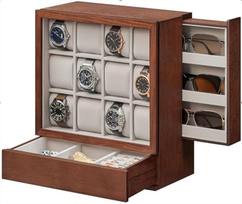 Vitrina Expositora de Madera Lux de 12 Relojes + 3 Gafas + Joyería