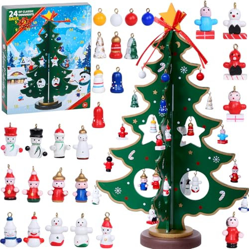 Antsparty Calendario dell'Avvento natalizio 2024, conto alla rovescia di 24 giorni con albero di Natale in legno da tavolo e 30 ornamenti, decorazione da tavolo per albero di Natale