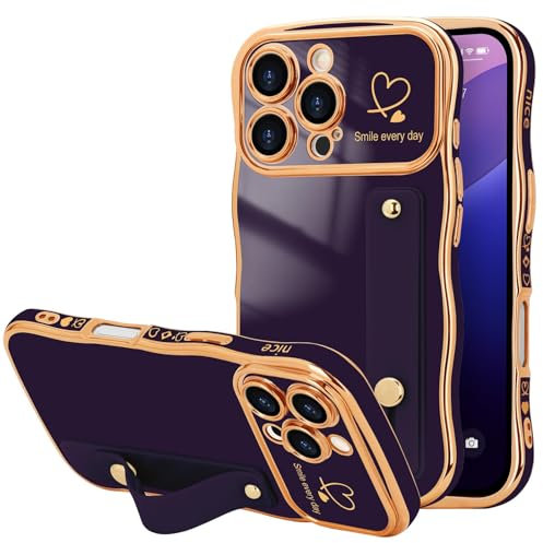 LLZ.COQUE for iPhone 16 Pro Max Case, Luxury Plating Love-Heart Wave Frame Shape Design, Adjustable Hand Strap Stand Cover, Shockproof Bumper Girls Women Phone Case for iPhone 16 Pro Max, Dark Purple