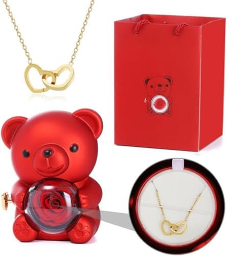 Engraved Heart Necklace - With Real Preserved Rose, Hug Bear Gifts, Eternal Rose Flowers, for Mom, Wife, Girlfriend (Red)