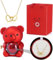 Engraved Heart Necklace - With Real Preserved Rose, Hug Bear Gifts, Eternal Rose Flowers, for Mom, Wife, Girlfriend (Red)
