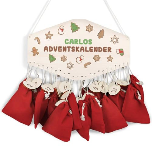 GRAVURZEILE Adventskalender aus Holz - Lebkuchen - Personalisiert mit Namen - DIY Adventskalender für Kinder - Optional mit Leinensäckchen - Weihnachtsdeko für Kinderzimmer